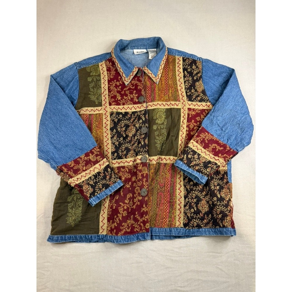 Units Woman Patchwork Denim Jacket 2XL Boho Floral Paisley Beaded Button Front